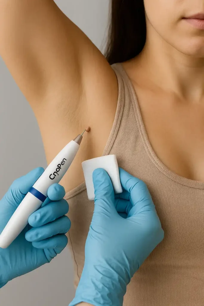 woman having cryopen to remove underarm skin tags Lincolnshire