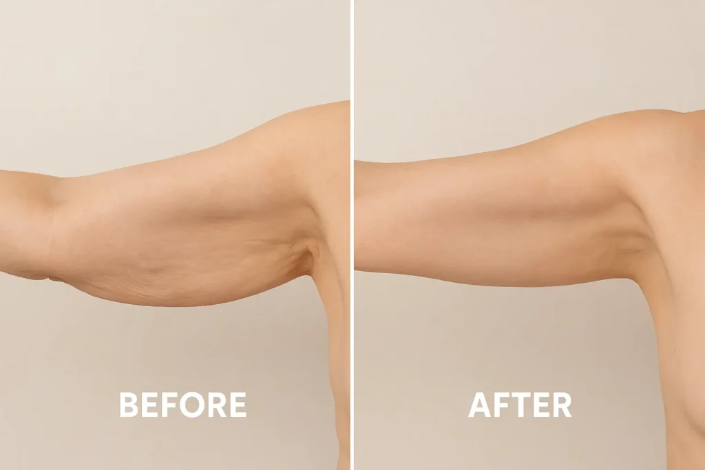 Picture of LA LIPO Lincolnshire before and after results of skin tightening treatment on the upper arms.