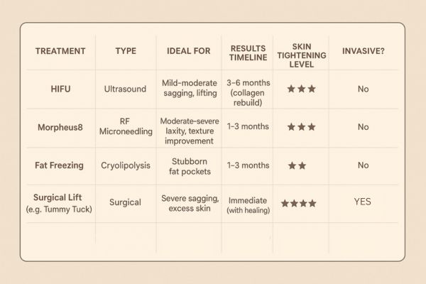 Table showing the comparisons of Skin tightening Lincolnshire treatment options.
